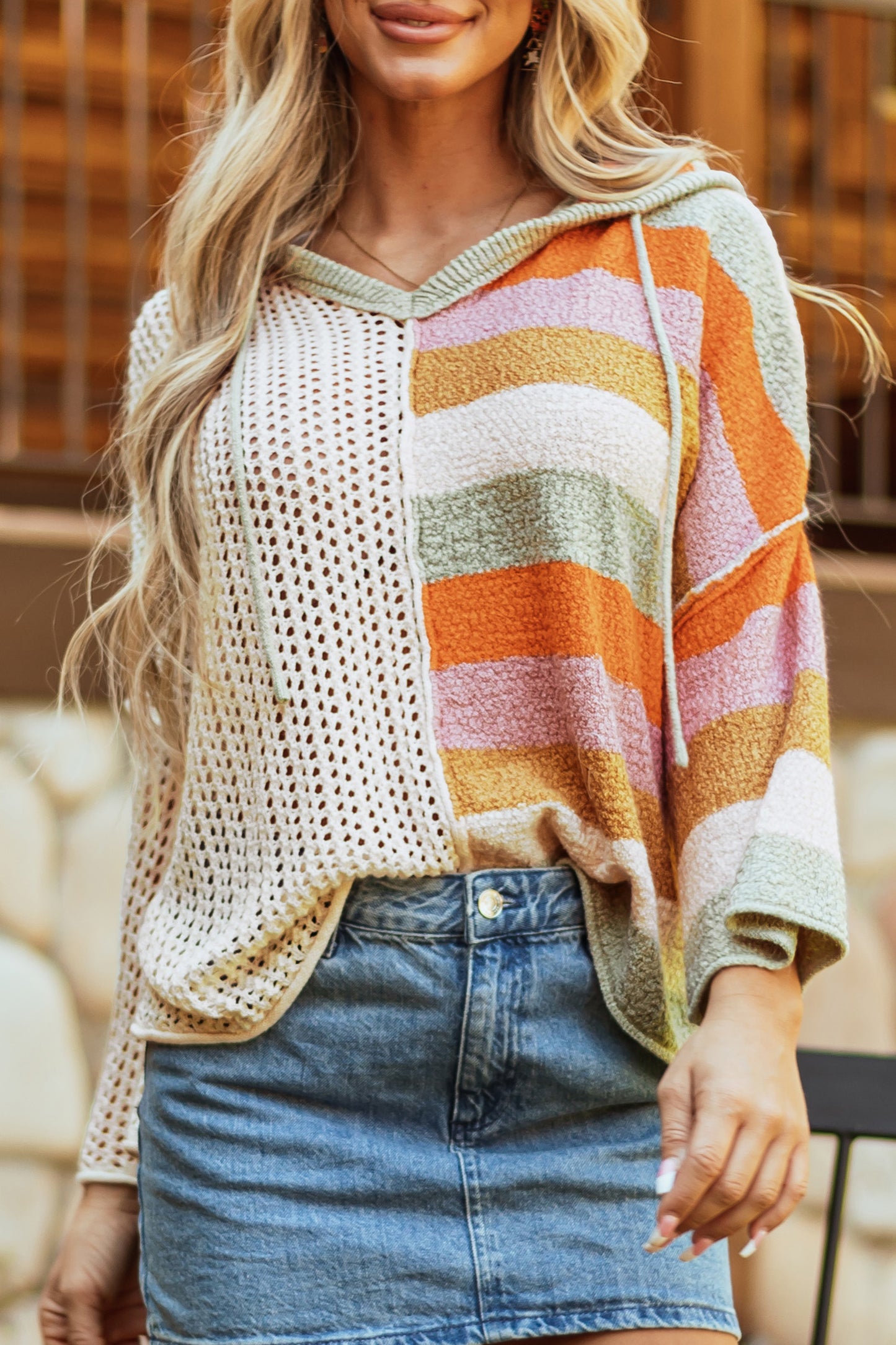 DEAR-LOVER Beige Oversized Colorblock V Neck Hooded Sweater