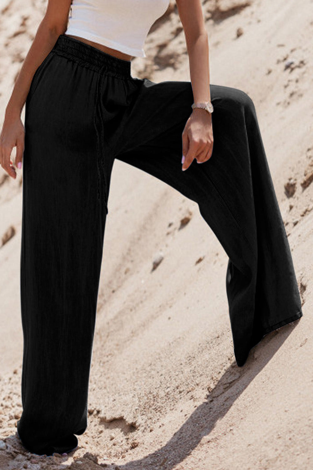 Black Drawstring High Waist Wide Leg Denim Pants - Premium Bottoms/Pants & Culotte from Momma Done Gone Crafty- Just $30! Shop now at Momma Done Gone Crafty