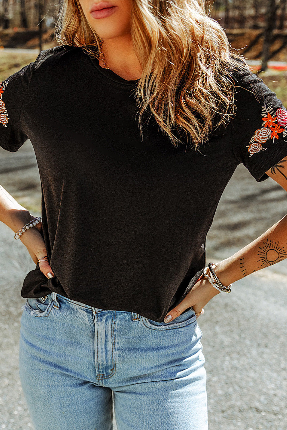 Black Floral Embroidered Round Neck Short Sleeve T Shirt - Premium Tops from Momma Done Gone Crafty- Just $59.70! Shop now at Momma Done Gone Crafty