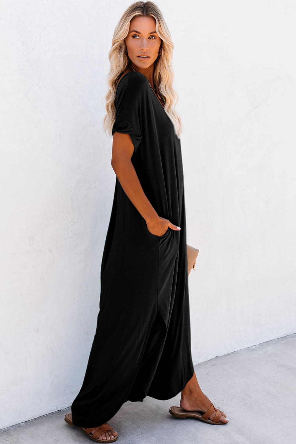 Black V Neck Hidden Pocket Splits Maxi T-shirt Dress - Premium Dresses/T Shirt Dresses from Ashes 2 Wildflowers Boutique, LLC- Just $21! Shop now at Ashes 2 Wildflowers Boutique, LLC