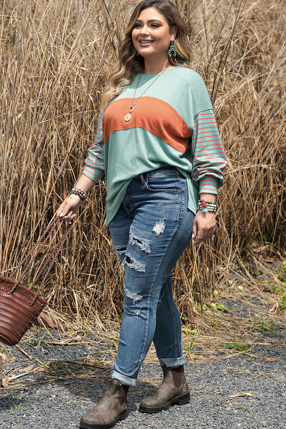Green Plus Size Striped Long Sleeve Colorblock Tee with Slits - Premium Plus Size from Momma Done Gone Crafty- Just $35.99! Shop now at Momma Done Gone Crafty