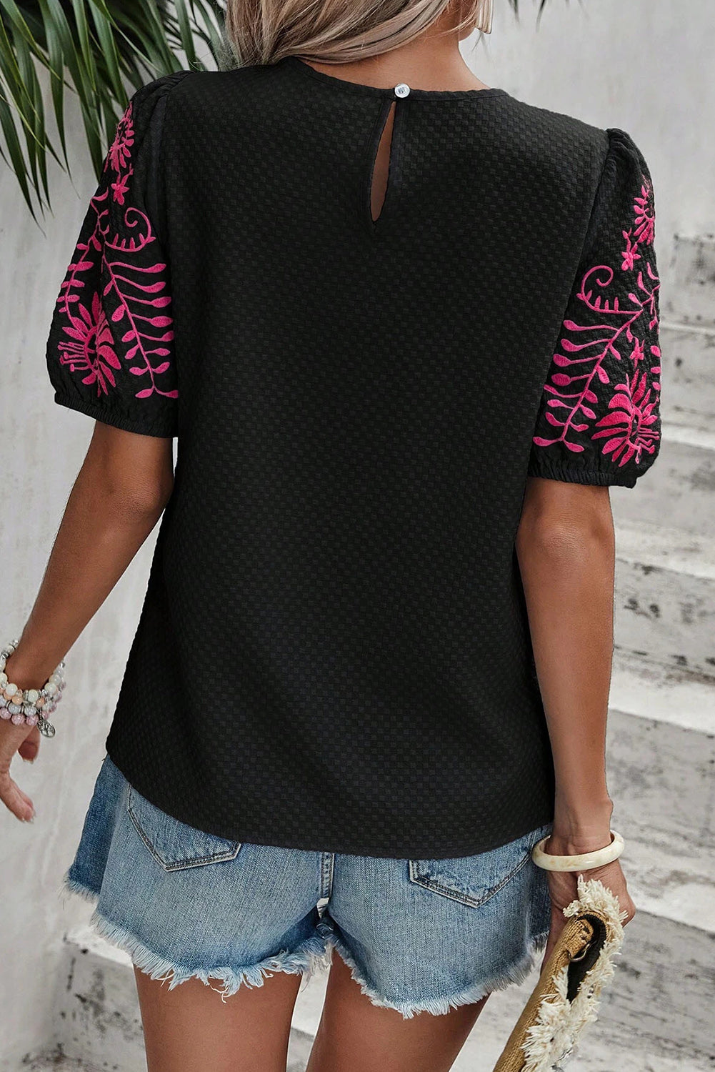 Black Floral Embroidered Textured Puff Sleeve T Shirt - Premium Tops/Tops & Tees from Momma Done Gone Crafty- Just $23.16! Shop now at Momma Done Gone Crafty