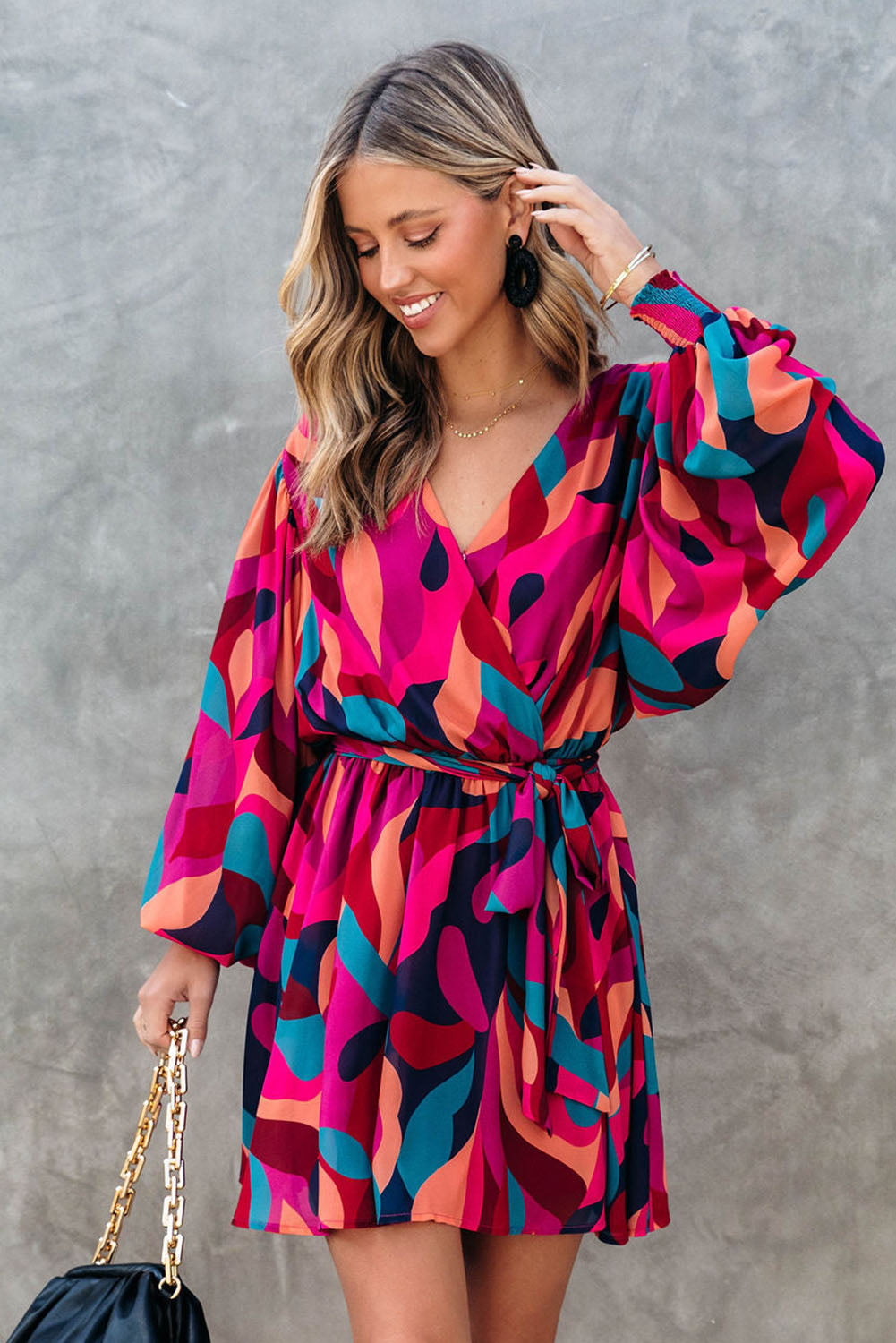 Red Abstract Printed Belted Puff Sleeve Mini Dress - Premium Dresses from Momma Done Gone Crafty- Just $49.94! Shop now at Momma Done Gone Crafty