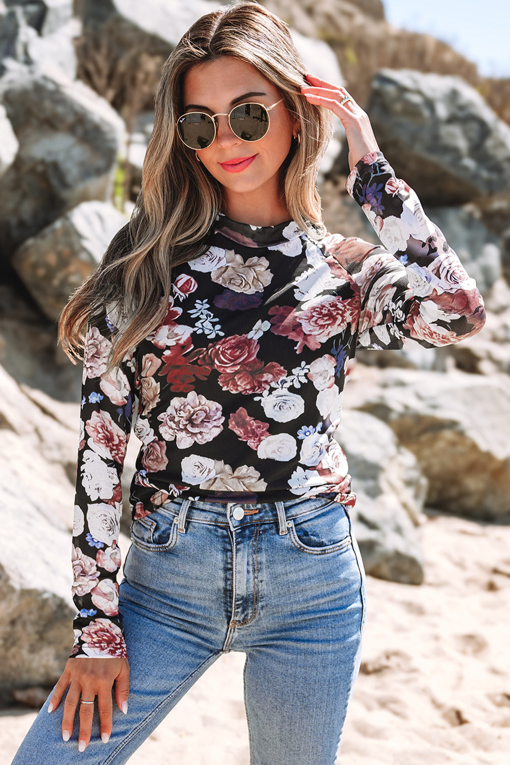 Pink Mesh Floral Print Mock Neck Long Sleeve Slim Top - Premium Tops/Long Sleeve Tops from Ashes 2 Wildflowers Boutique, LLC- Just $26.30! Shop now at Ashes 2 Wildflowers Boutique, LLC