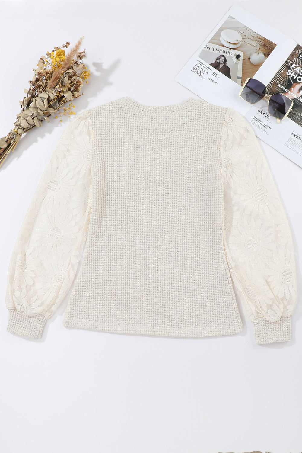 Beige Sunflower Mesh Bubble Sleeve Waffle Knit Top - Premium Tops from Momma Done Gone Crafty- Just $27.75! Shop now at Momma Done Gone Crafty