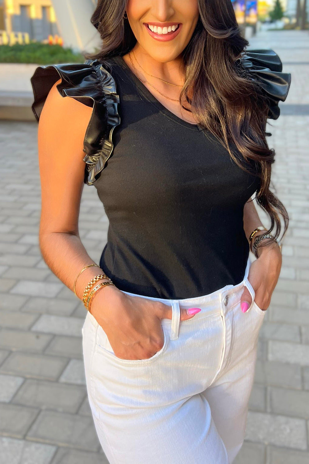 Black Leatherette Ruffle Patchwork Ribbed V Neck Bodysuit - Premium Tops/Bodysuits from Ashes 2 Wildflowers Boutique, LLC- Just $28.78! Shop now at Ashes 2 Wildflowers Boutique, LLC