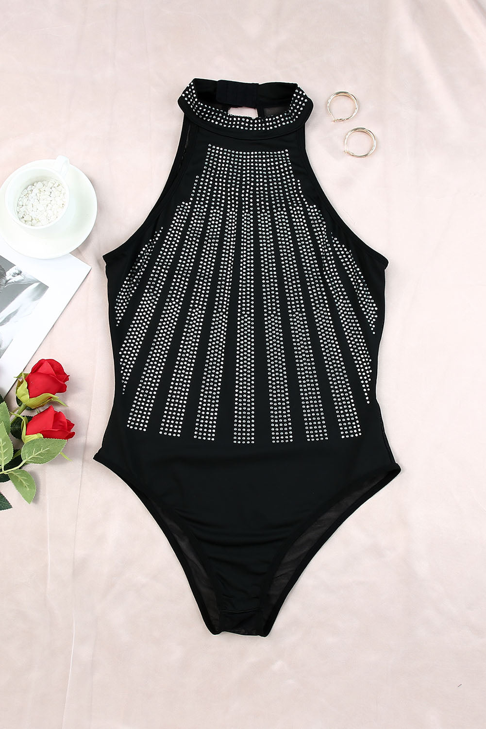 Black High Neck Sleeveless Diamante Bodysuit - Premium Tops from Momma Done Gone Crafty- Just $62.40! Shop now at Momma Done Gone Crafty