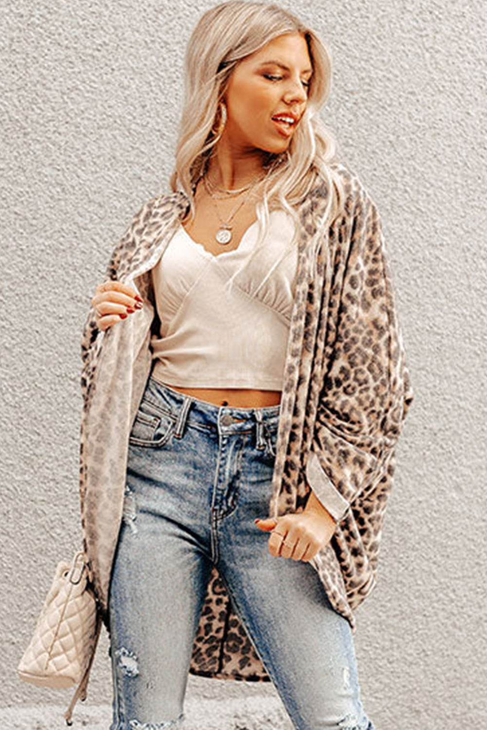 Khaki Leopard Print Batwing Sleeve Loose Tunic Cardigan - Premium Sweaters & Cardigans/Cardigans from Momma Done Gone Crafty- Just $13.20! Shop now at Momma Done Gone Crafty