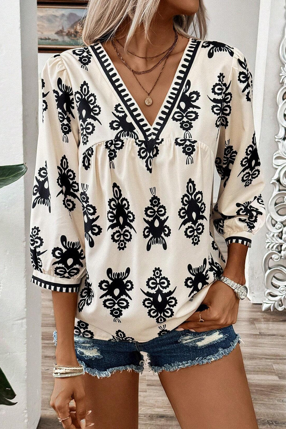 Beige Vintage Geometric Printed 3/4 Sleeve V Neck Blouse - Premium Tops/Blouses & Shirts from Ashes 2 Wildflowers Boutique, LLC- Just $28.93! Shop now at Ashes 2 Wildflowers Boutique, LLC