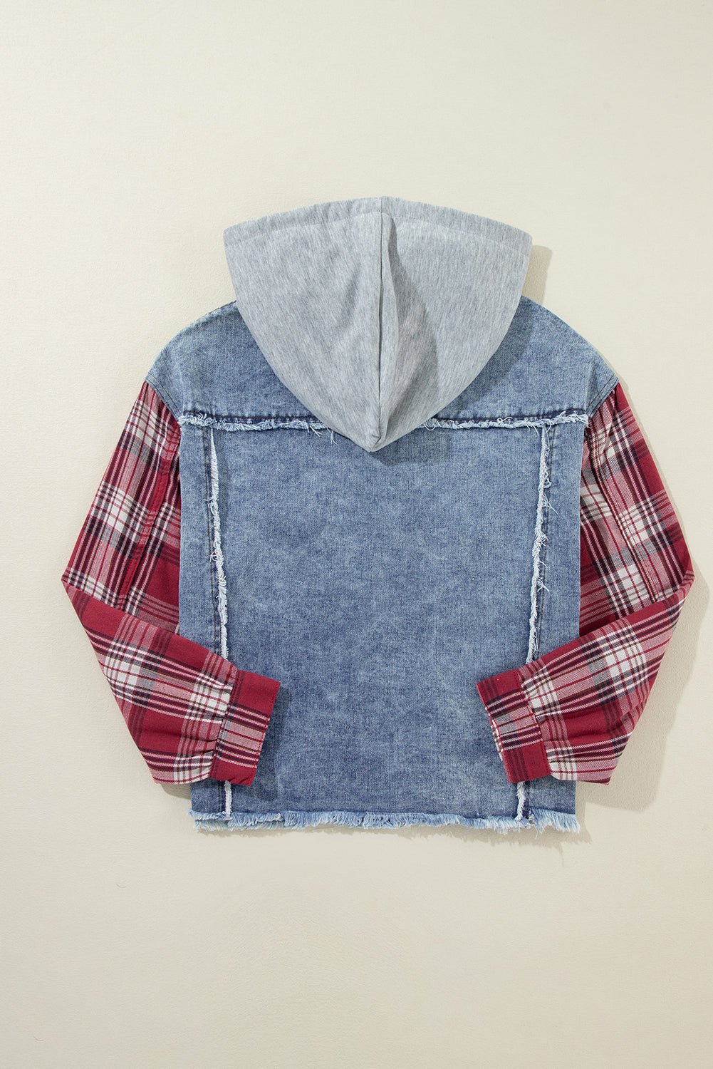 Beau Blue Plaid Print Patchwork Hooded Raw Hem Denim Jacket - Premium Outerwear/Denim jackets from Ashes 2 Wildflowers Boutique, LLC- Just $34.30! Shop now at Ashes 2 Wildflowers Boutique, LLC