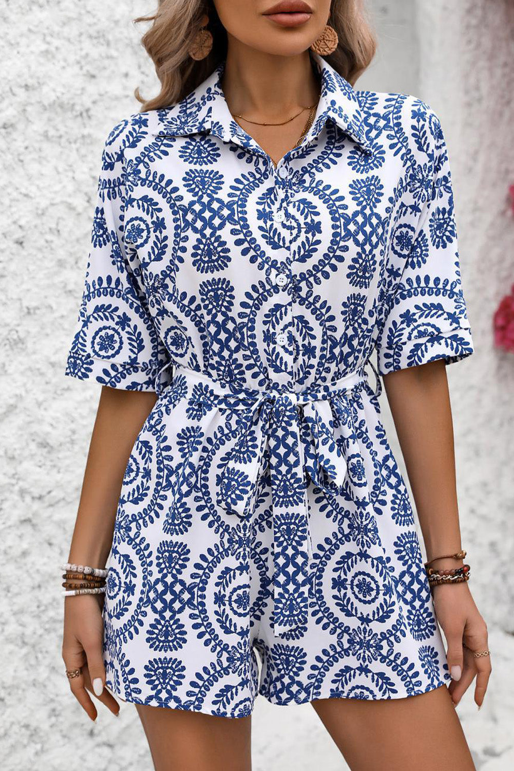 Blue Mandala Printed Short Sleeve Belted Shirt Romper - Premium Bottoms/Jumpsuits & Rompers from Momma Done Gone Crafty- Just $28.20! Shop now at Momma Done Gone Crafty