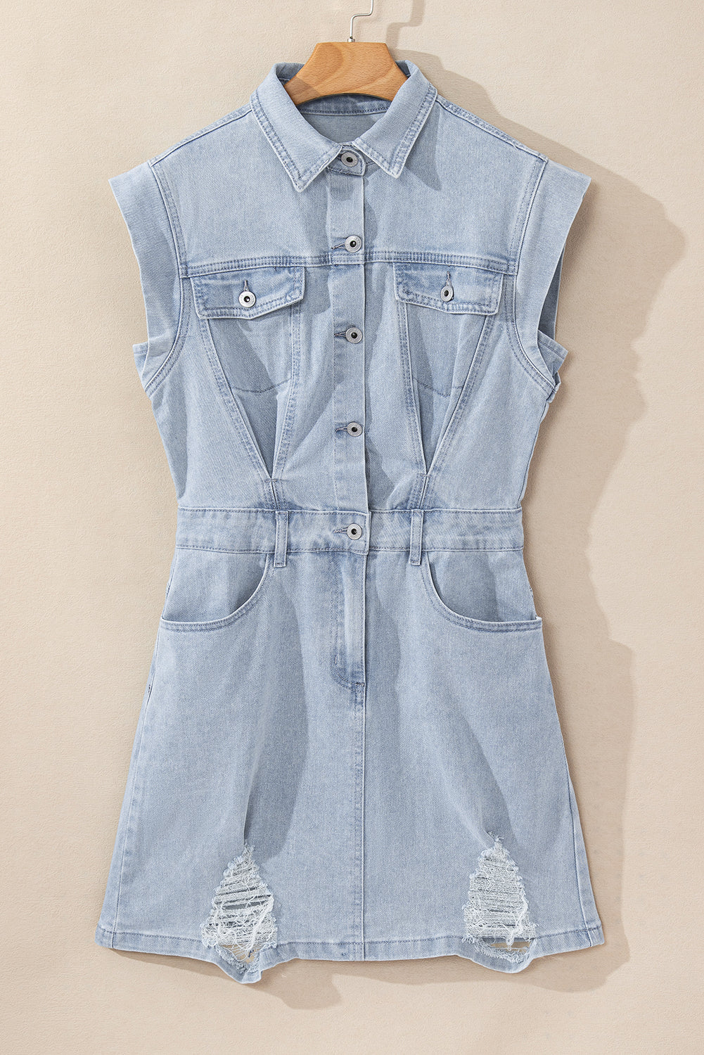 Light Blue Acid Wash Flap Pockets Frayed Denim Dress - Premium Dresses/Mini Dresses from Momma Done Gone Crafty- Just $68.99! Shop now at Momma Done Gone Crafty