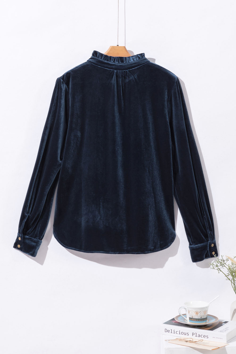 Navy Blue Frilled Neck Buttoned Front Velvet Top - Premium Tops from Momma Done Gone Crafty- Just $40.11! Shop now at Momma Done Gone Crafty