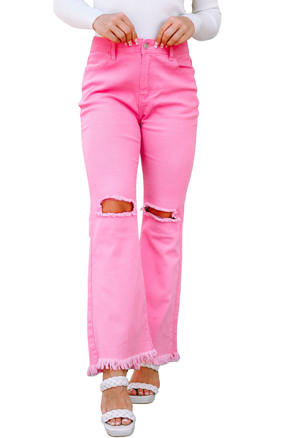 Pink Vintage High Waist Flare Leg Ripped Raw Hem Jeans - Premium Bottoms/Jeans from Ashes 2 Wildflowers Boutique, LLC- Just $35.40! Shop now at Ashes 2 Wildflowers Boutique, LLC