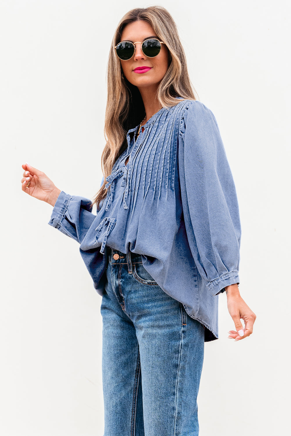 Myosotis Denim Front Pintuck Bow Tie Puff Sleeve Top - Premium Tops/Blouses & Shirts from Ashes 2 Wildflowers Boutique, LLC- Just $28.90! Shop now at Ashes 2 Wildflowers Boutique, LLC