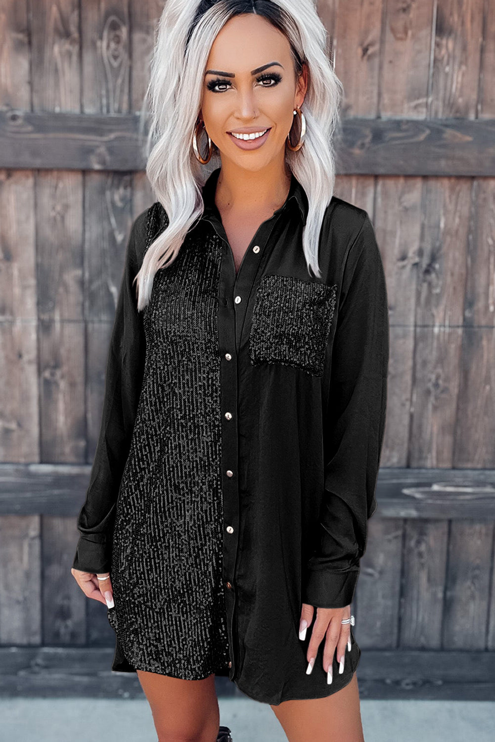 Black Sequin Splicing Pocket Buttoned Shirt Dress - Premium Dresses from Momma Done Gone Crafty- Just $32.94! Shop now at Momma Done Gone Crafty