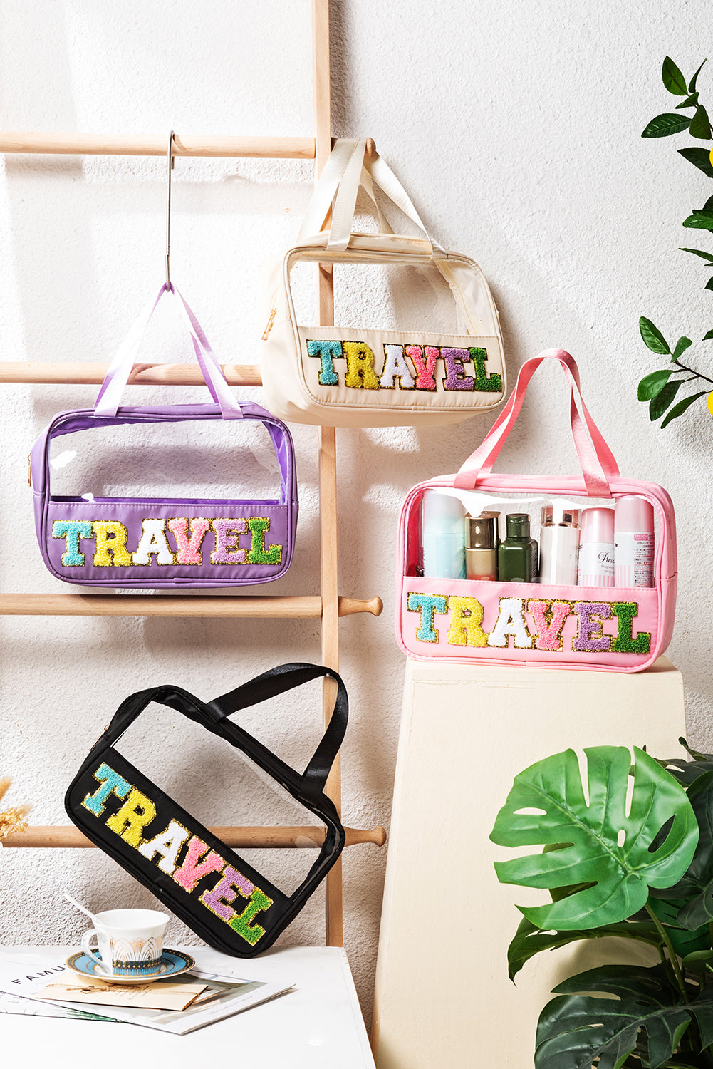 Light Pink TRAVEL Chenille Letter Clear PVC Makeup Bag - Premium Shoes & Bags/Makeup Bags from Momma Done Gone Crafty- Just $21.99! Shop now at Momma Done Gone Crafty