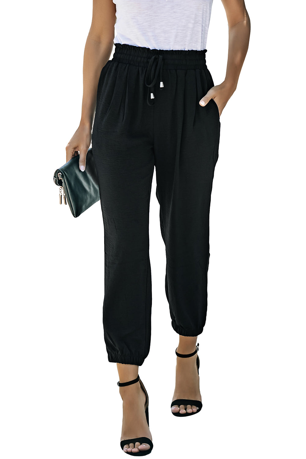Black Solid Color Drawstring Smocked Waist Joggers - Premium Bottoms from Momma Done Gone Crafty- Just $47.40! Shop now at Momma Done Gone Crafty