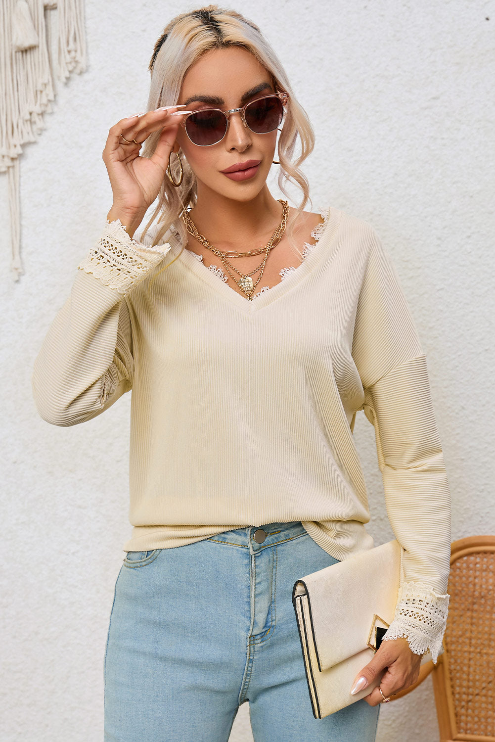 Apricot Ribbed Texture Lace Trim V Neck Long Sleeve Top - Premium Tops from Momma Done Gone Crafty- Just $30.60! Shop now at Momma Done Gone Crafty