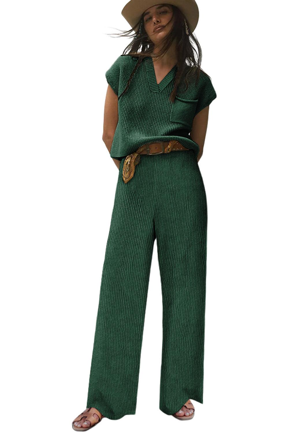 Green Knitted V Neck Sweater and Casual Pants Set - Premium Loungewear from Momma Done Gone Crafty- Just $82.26! Shop now at Momma Done Gone Crafty