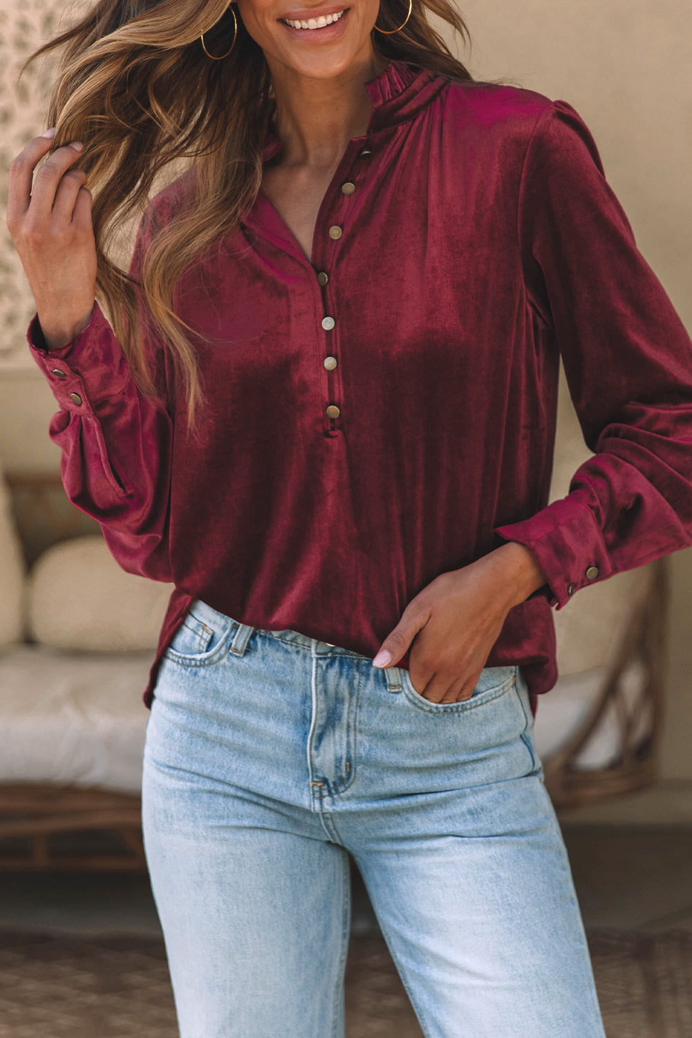 Biking Red Frilled Neck Buttoned Front Velvet Top - Premium Tops from Momma Done Gone Crafty- Just $40.11! Shop now at Momma Done Gone Crafty