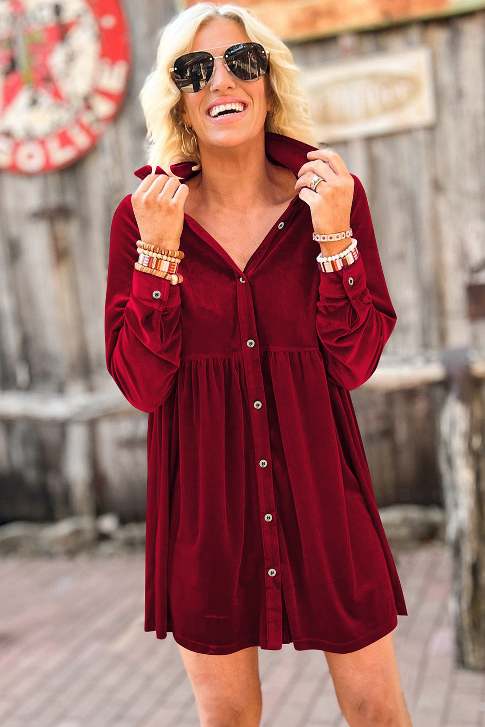 Red Long Sleeve Ruffle Velvet Button Up Dress - Premium Dresses from Momma Done Gone Crafty- Just $39.30! Shop now at Momma Done Gone Crafty