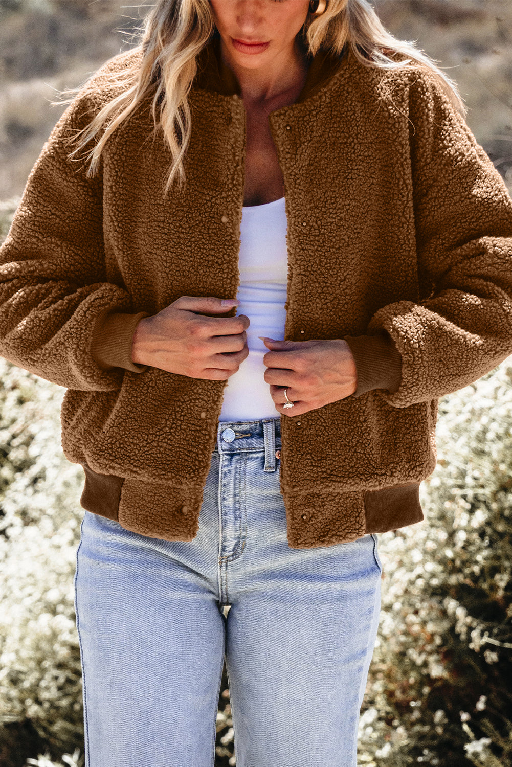 Redwood Burl Sherpa Ribbed Baseball Collar Bomber Jacket - Premium Sale (50% OFF)/30% OFF from Ashes 2 Wildflowers Boutique, LLC- Just $38.60! Shop now at Ashes 2 Wildflowers Boutique, LLC