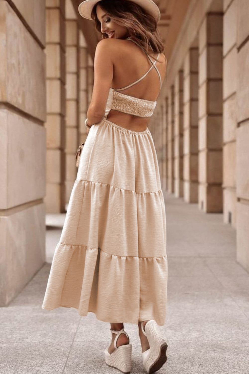 Oatmeal Crossover Backless Bodice Tiered Maxi Dress - Premium Dresses/Maxi Dresses from Ashes 2 Wildflowers Boutique, LLC- Just $30.90! Shop now at Ashes 2 Wildflowers Boutique, LLC