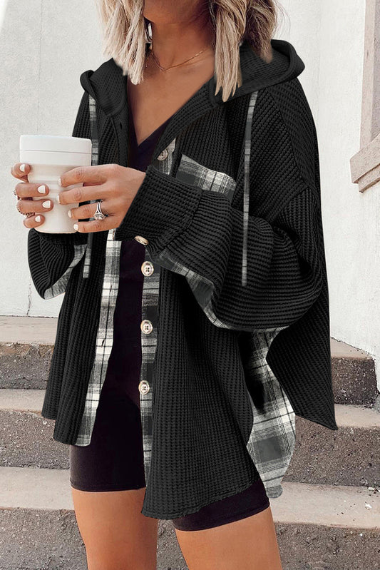 Black Waffle Knit Plaid Patchwork Drawstring Hooded Shacket - Premium Outerwear/Jackets from Ashes 2 Wildflowers Boutique, LLC- Just $37.02! Shop now at Ashes 2 Wildflowers Boutique, LLC