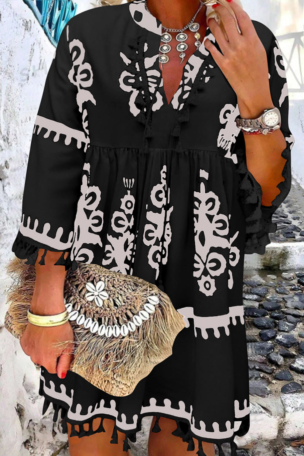 Black Plus Size Western Floral Print Fringed V Neck Dress - Premium Plus Size/Plus Size Dresses/Plus Size Mini Dresses from Momma Done Gone Crafty- Just $44.85! Shop now at Momma Done Gone Crafty