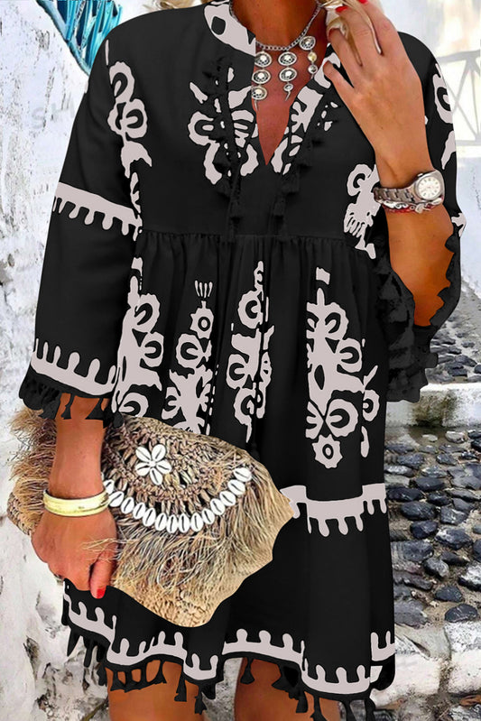 Black Plus Size Western Floral Print Fringed V Neck Dress - Premium Plus Size/Plus Size Dresses/Plus Size Mini Dresses from Momma Done Gone Crafty- Just $44.85! Shop now at Momma Done Gone Crafty