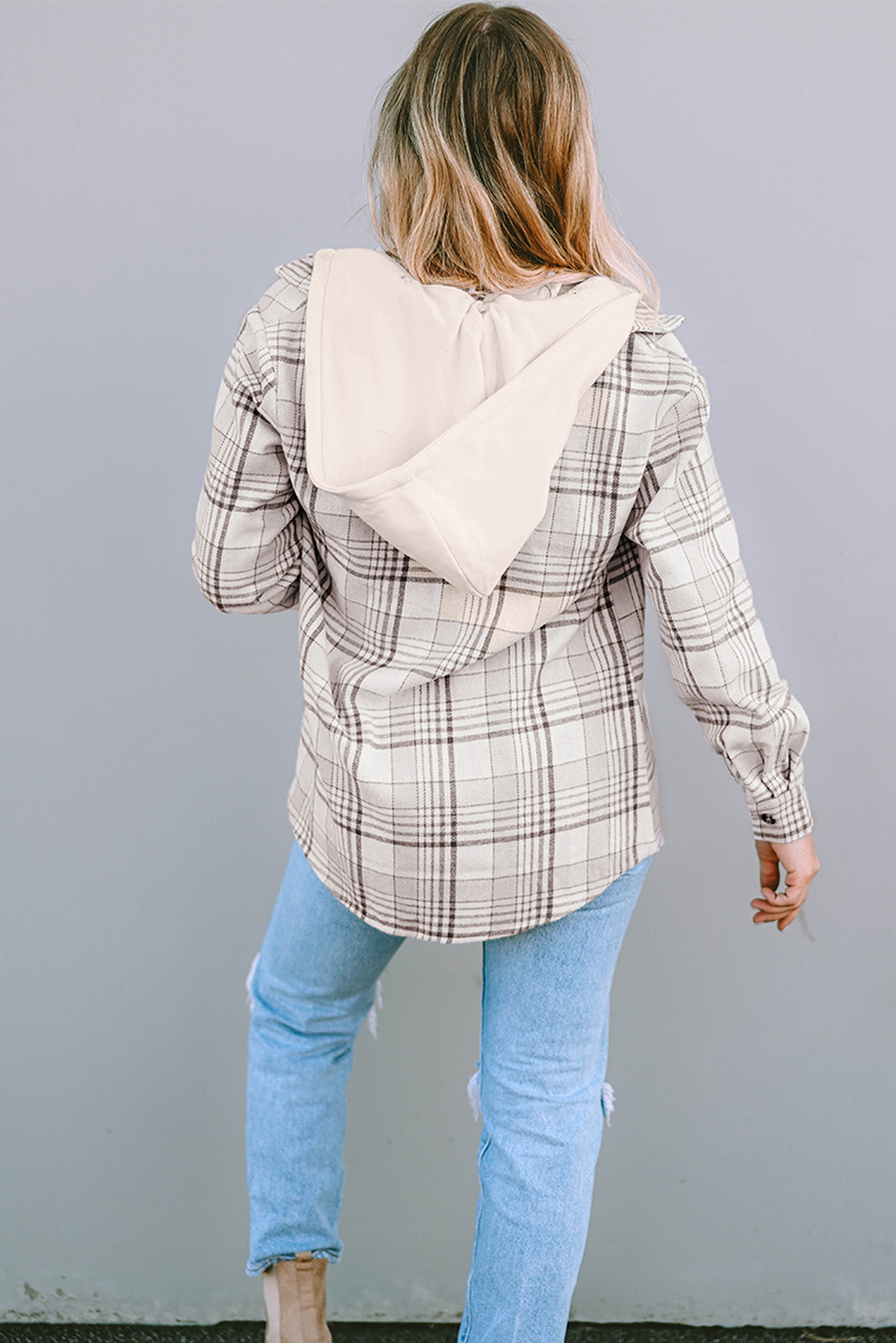 Khaki Plaid Removable Hood Buttoned Shacket - Premium Outerwear/Plaid Shackets from Momma Done Gone Crafty- Just $58.99! Shop now at Momma Done Gone Crafty