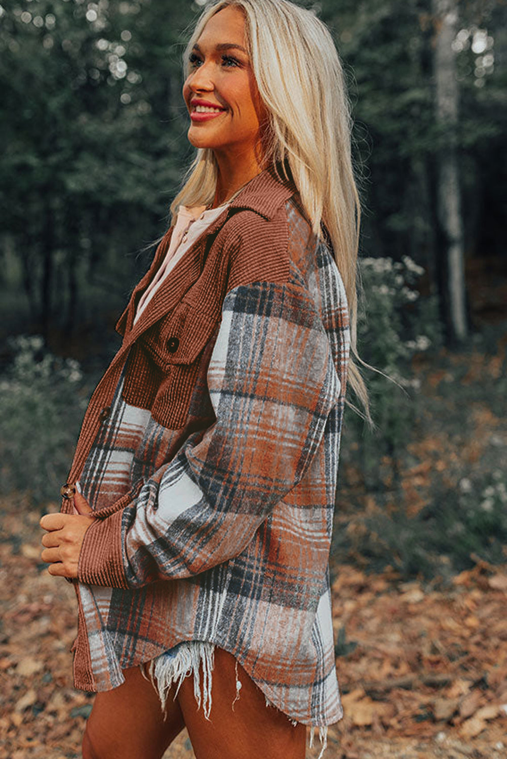 Cinnamon Plaid Corduroy Patchwork Chest Pocket Shacket - Premium Outerwear/Plaid Shackets from Momma Done Gone Crafty- Just $46.99! Shop now at Momma Done Gone Crafty
