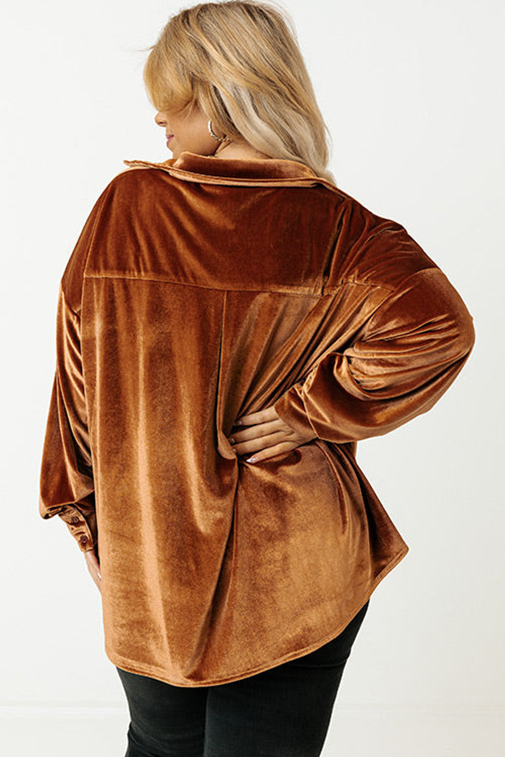 Chestnut Plus Size Velvet Chest Pocket Drop Shoulder Shirt - Premium Plus Size/Plus Size Tops/Plus Size Blouses & Shirts from Momma Done Gone Crafty- Just $31.80! Shop now at Momma Done Gone Crafty