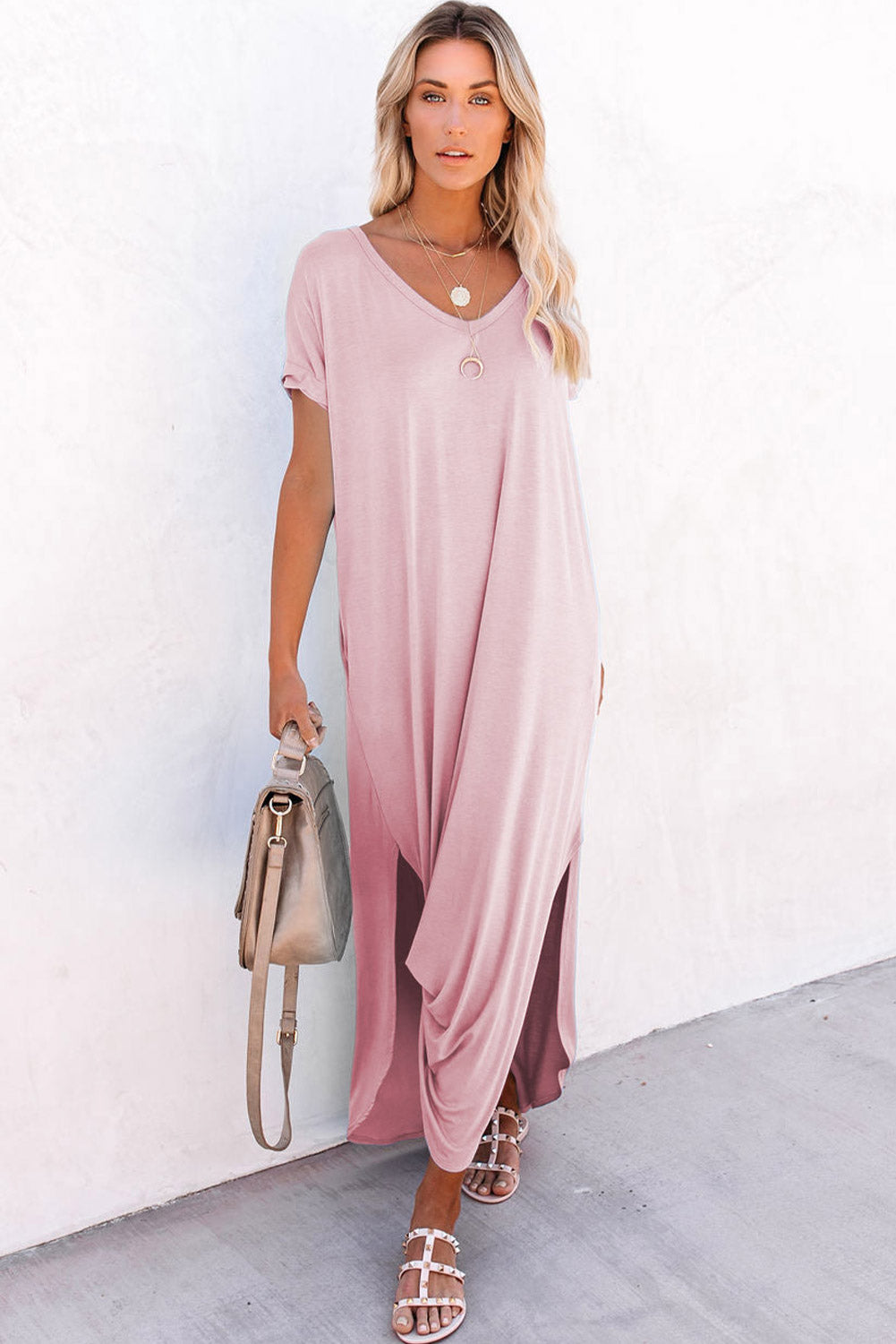 Pink V Neck Hidden Pocket Splits Maxi T-shirt Dress - Premium Dresses/T Shirt Dresses from Ashes 2 Wildflowers Boutique, LLC- Just $20.31! Shop now at Ashes 2 Wildflowers Boutique, LLC