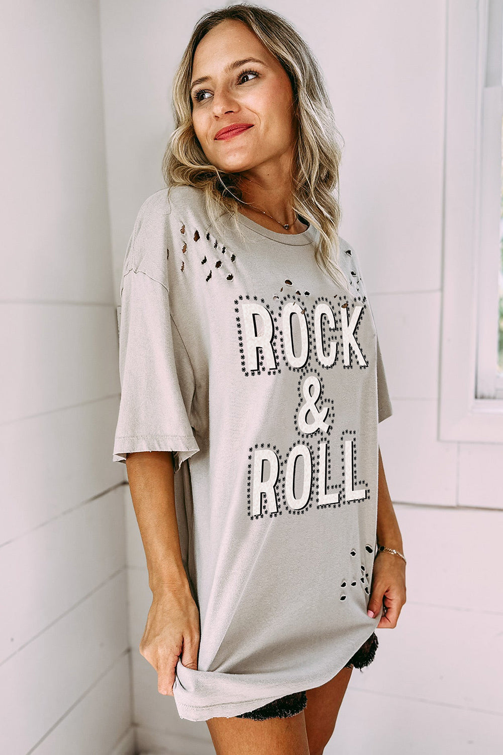 Gray Rock & Roll Graphic Distressed Vintage Tee - Premium Tops/Tops & Tees from Momma Done Gone Crafty- Just $29.99! Shop now at Momma Done Gone Crafty