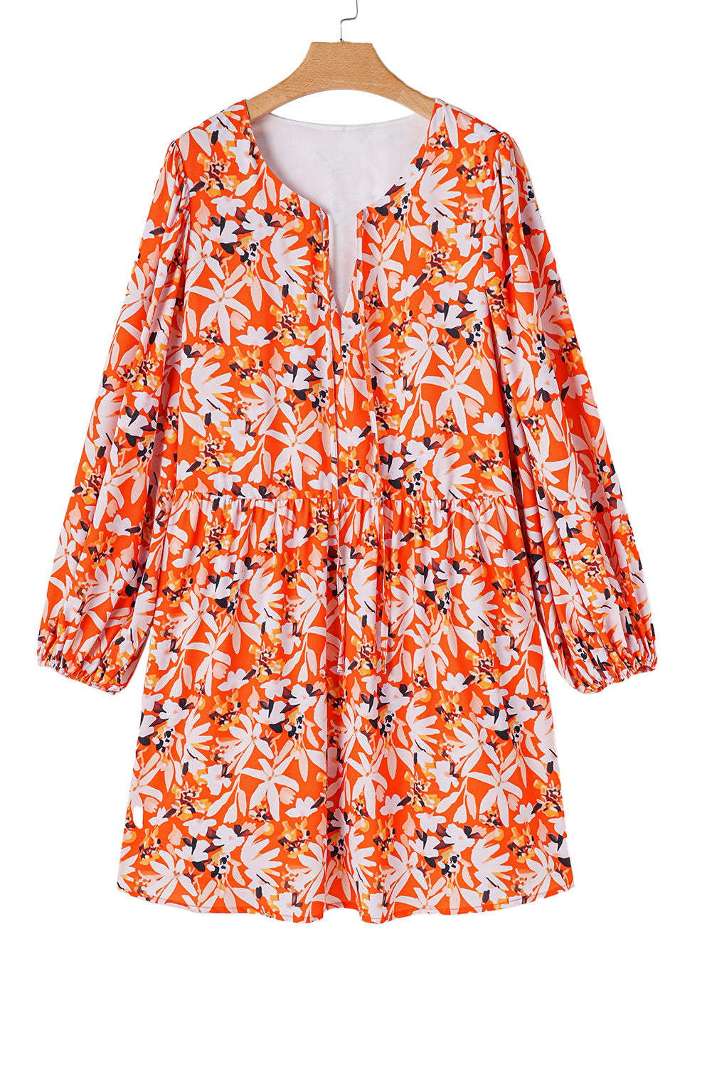 Orange Floral Print Split V Neck Bubble Sleeve Plus Size Midi Dress - Premium Plus Size/Plus Size Dresses/Plus Size Midi Dresses from Momma Done Gone Crafty- Just $38.70! Shop now at Momma Done Gone Crafty