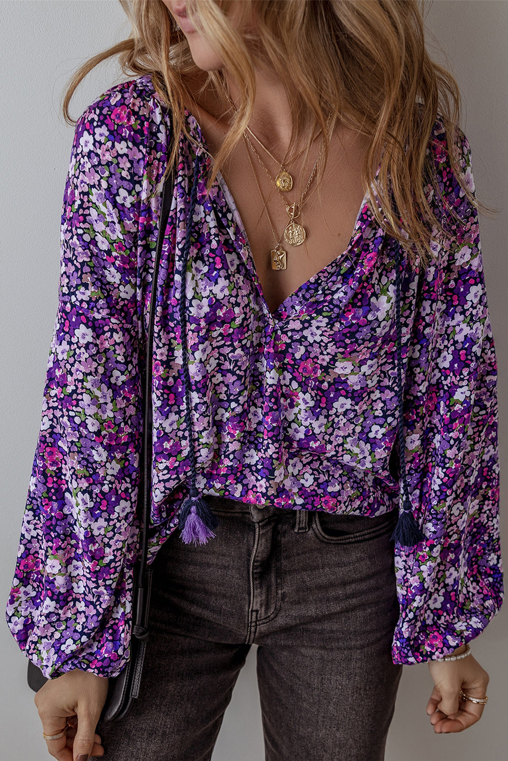 Purple Boho Flower Split V Neck Bubble Sleeve Blouse - Premium Tops/Blouses & Shirts from Ashes 2 Wildflowers Boutique, LLC- Just $21.85! Shop now at Ashes 2 Wildflowers Boutique, LLC