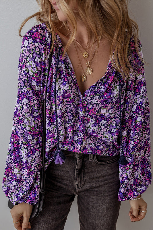 Purple Boho Flower Split V Neck Bubble Sleeve Blouse - Premium Tops/Blouses & Shirts from Ashes 2 Wildflowers Boutique, LLC- Just $21.85! Shop now at Ashes 2 Wildflowers Boutique, LLC