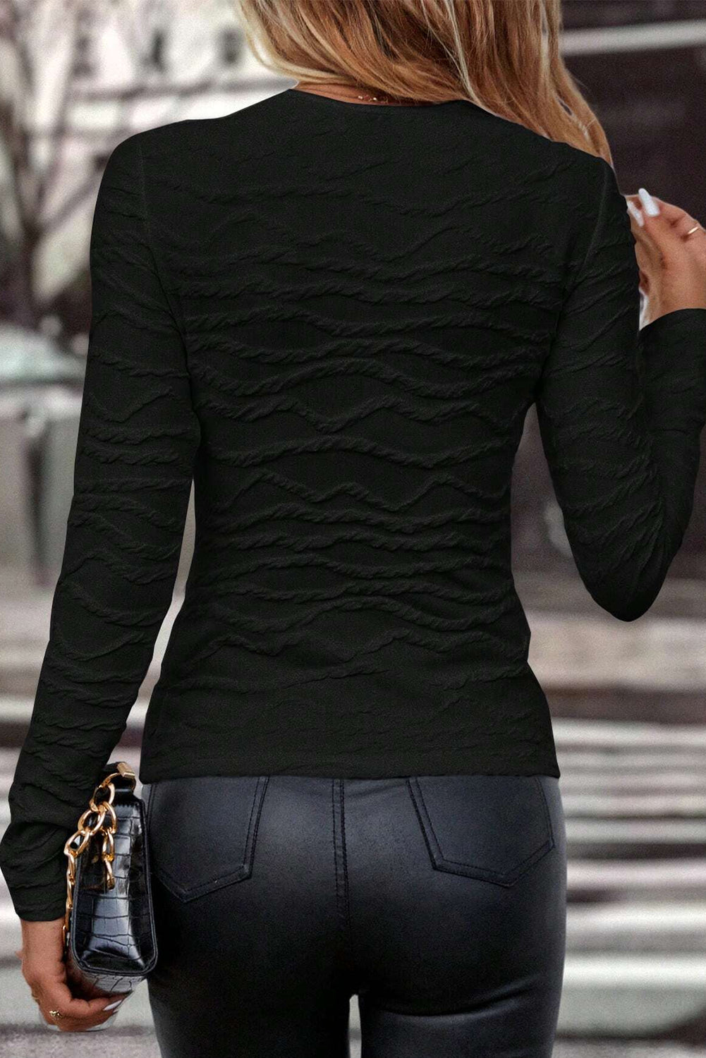 Black Solid Wavy Textured Slim Fit Long Sleeve T Shirt - Premium Tops/Long Sleeve Tops from Momma Done Gone Crafty- Just $13.50! Shop now at Momma Done Gone Crafty