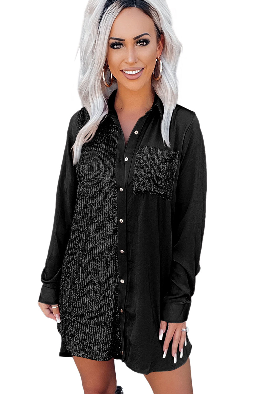 Black Sequin Splicing Pocket Buttoned Shirt Dress - Premium Dresses from Momma Done Gone Crafty- Just $32.94! Shop now at Momma Done Gone Crafty
