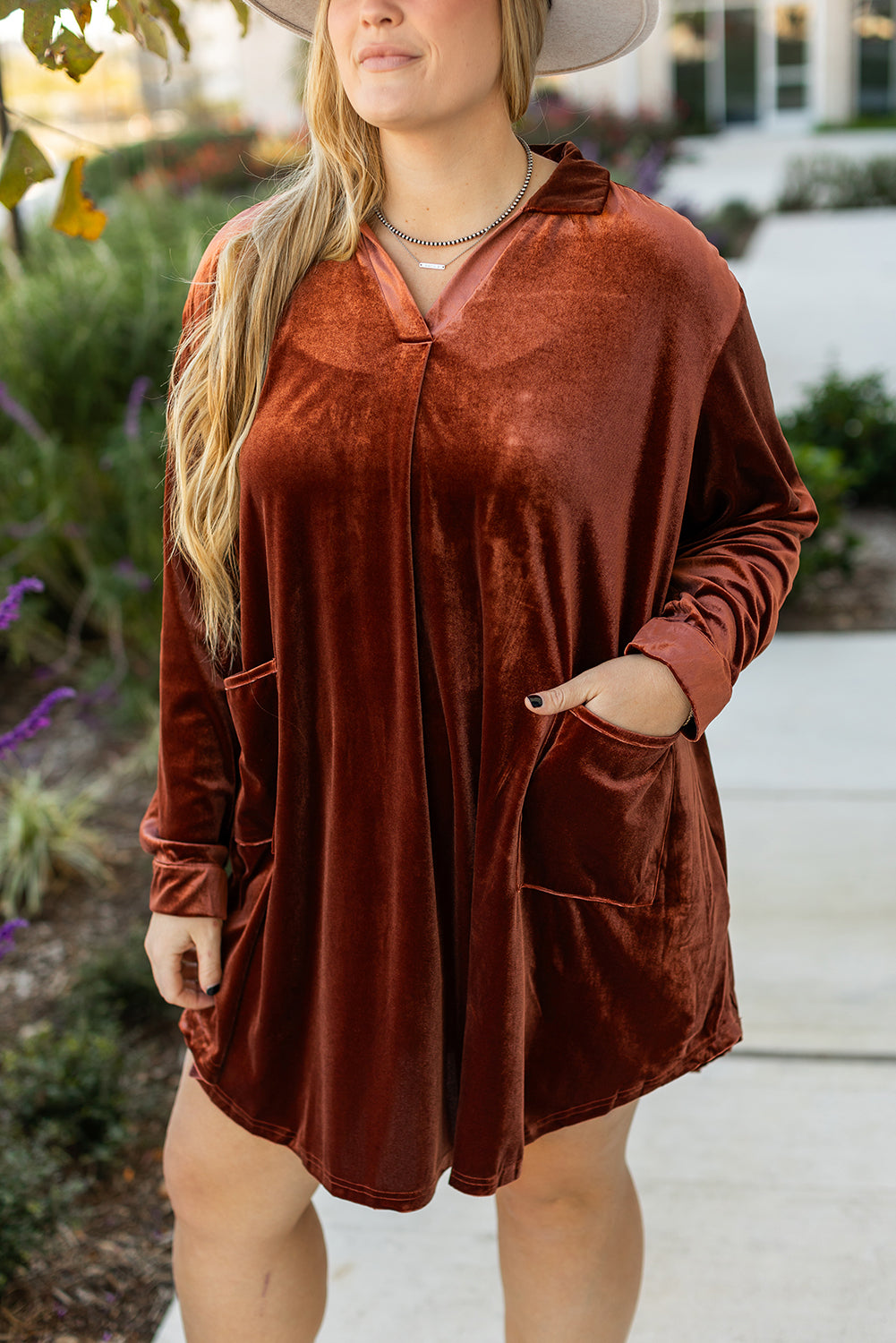 Coffee Plus Size V Neck Collared Pleated Back Rounded Hem Velvet Dress - Premium Plus Size/Plus Size Dresses/Plus Size Mini Dresses from Momma Done Gone Crafty- Just $30.45! Shop now at Momma Done Gone Crafty