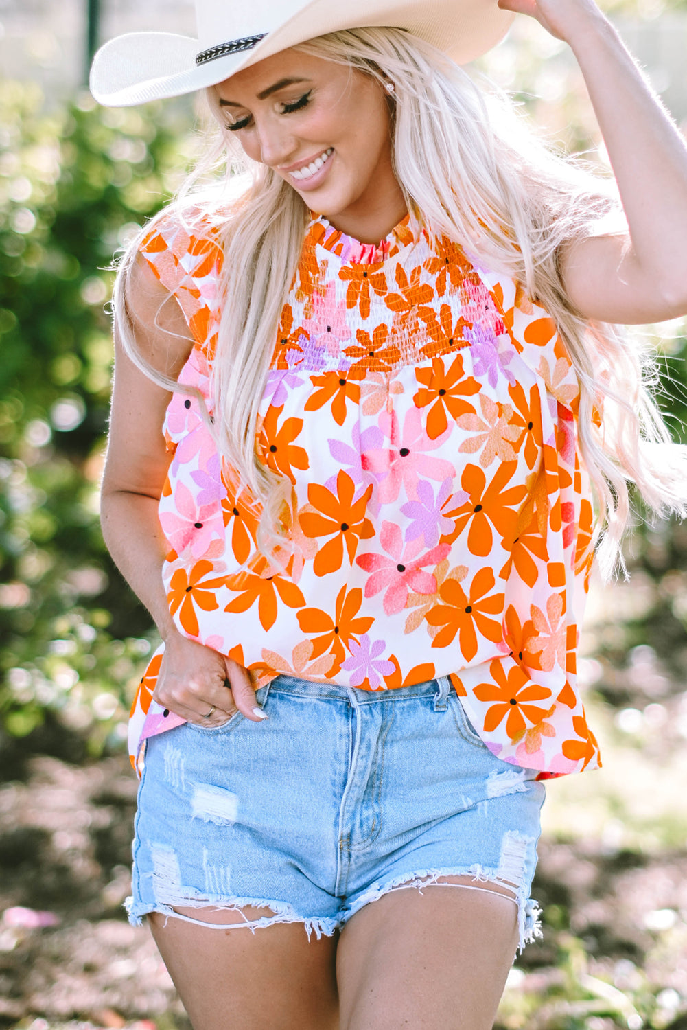 Orange Ruffled Sleeve Smocked Floral Top - Premium Tops/Blouses & Shirts from Ashes 2 Wildflowers Boutique, LLC- Just $30.14! Shop now at Ashes 2 Wildflowers Boutique, LLC