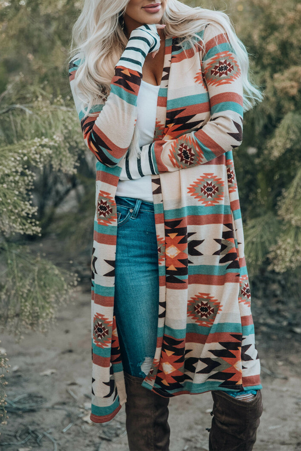 Multicolor Geometric Color Block Open Front Long Cardigan - Premium Tops from Momma Done Gone Crafty- Just $32.94! Shop now at Momma Done Gone Crafty