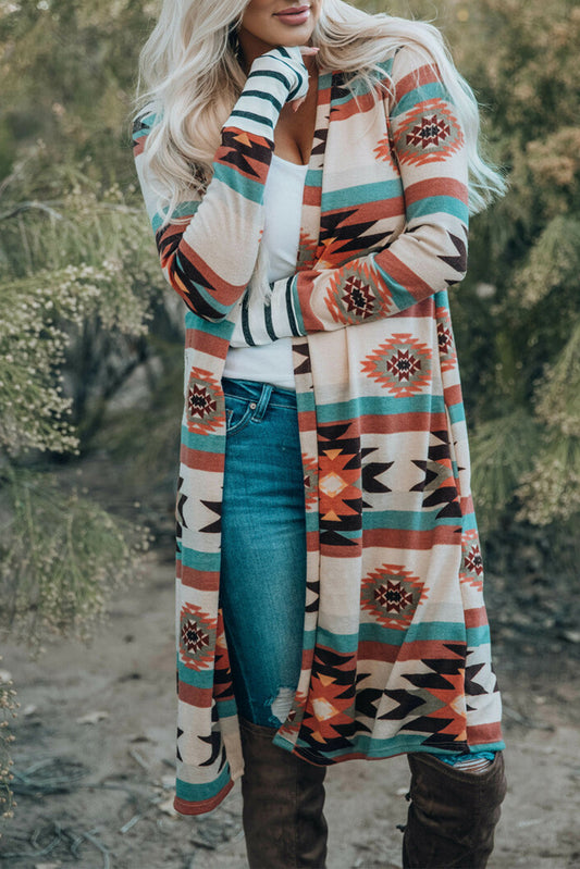 Multicolor Geometric Color Block Open Front Long Cardigan - Premium Tops from Momma Done Gone Crafty- Just $32.94! Shop now at Momma Done Gone Crafty