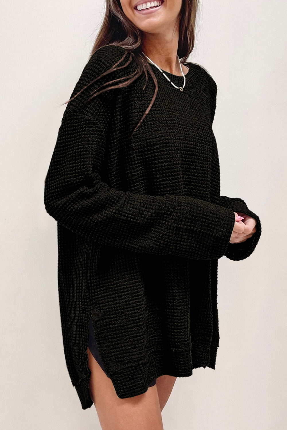 Black Waffle Knit High Slits Oversized Top - Premium Tops from Momma Done Gone Crafty- Just $33.87! Shop now at Momma Done Gone Crafty