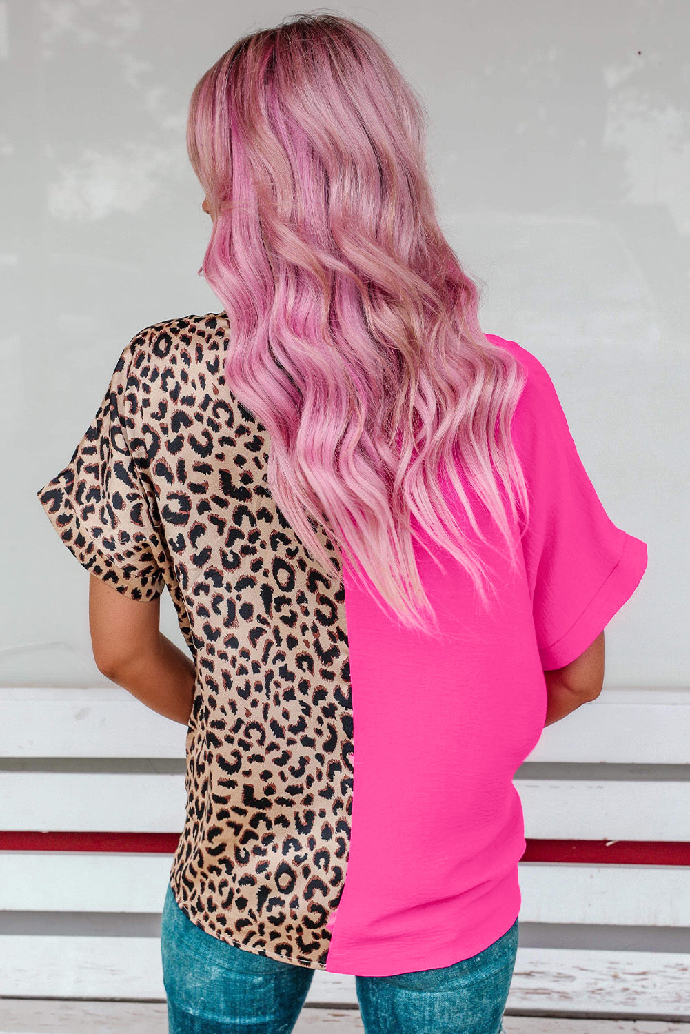 Rose Contrast Leopard Color Block Blouse - Premium Tops from Momma Done Gone Crafty- Just $34.40! Shop now at Momma Done Gone Crafty