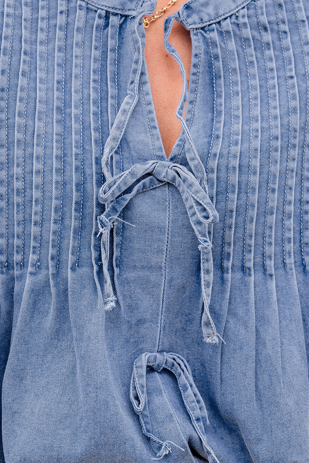 Myosotis Denim Front Pintuck Bow Tie Puff Sleeve Top - Premium Tops/Blouses & Shirts from Ashes 2 Wildflowers Boutique, LLC- Just $28.90! Shop now at Ashes 2 Wildflowers Boutique, LLC