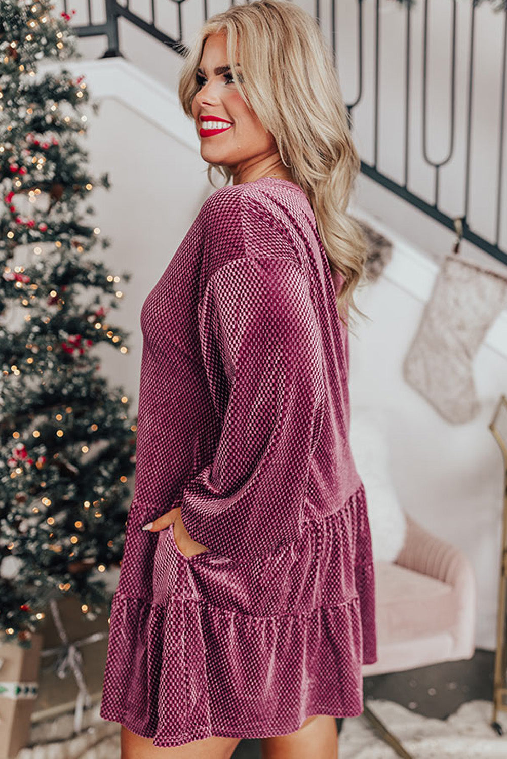 Meadow Mauve Plus Size Textured Velvet Tiered Buttons Tiered Dress - Premium Plus Size/Plus Size Dresses/Plus Size Mini Dresses from Momma Done Gone Crafty- Just $37.80! Shop now at Momma Done Gone Crafty
