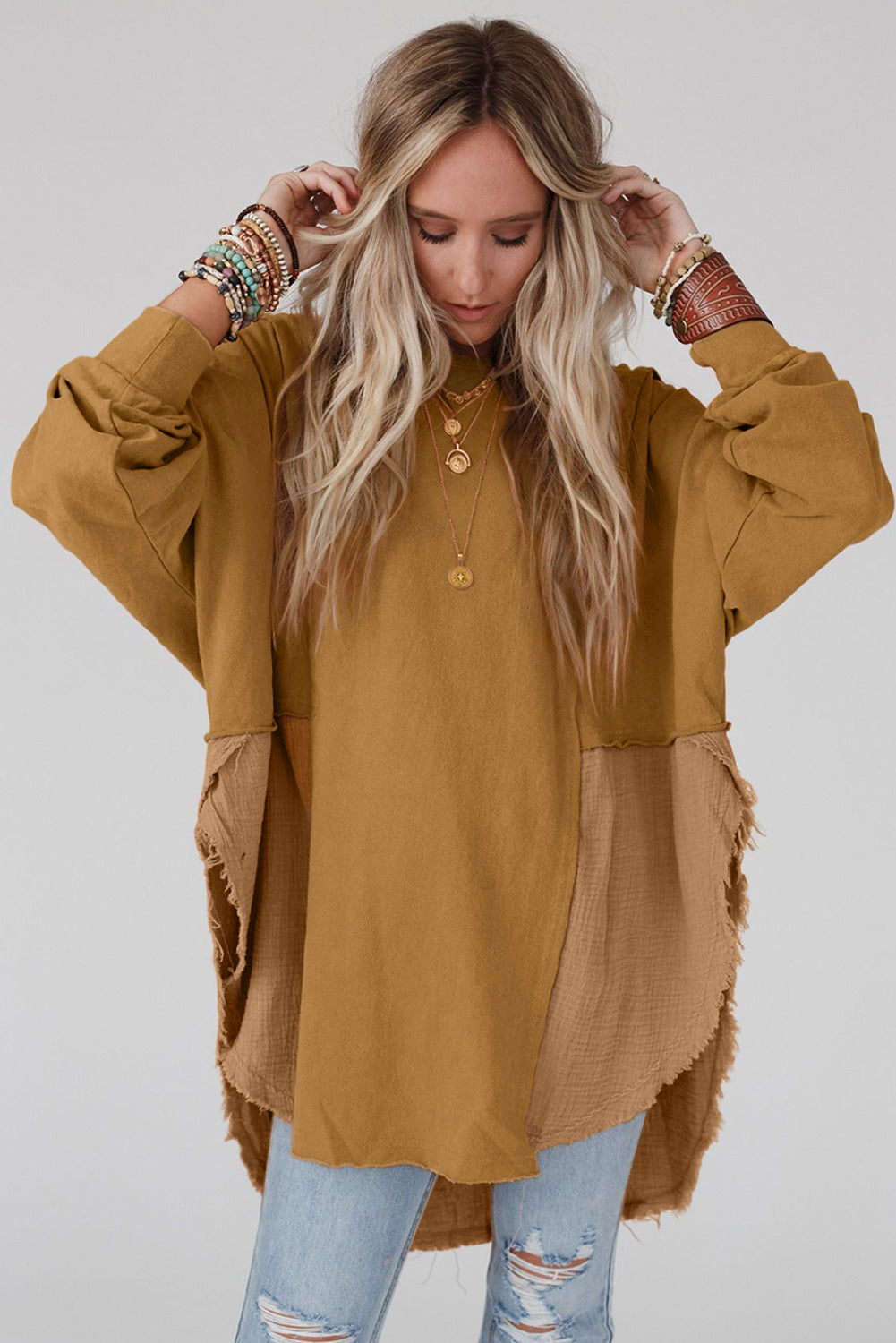 Camel Crinkle Splicing Raw Hem High Low Oversized Blouse - Premium Tops from Momma Done Gone Crafty- Just $34.80! Shop now at Momma Done Gone Crafty